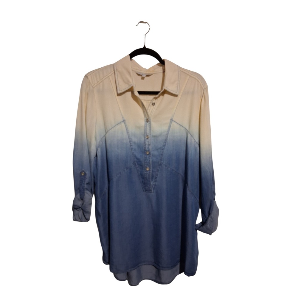 John Mark Ombre Preppy Women's size Large Button Up Roll Tab Lyocell Casual Top